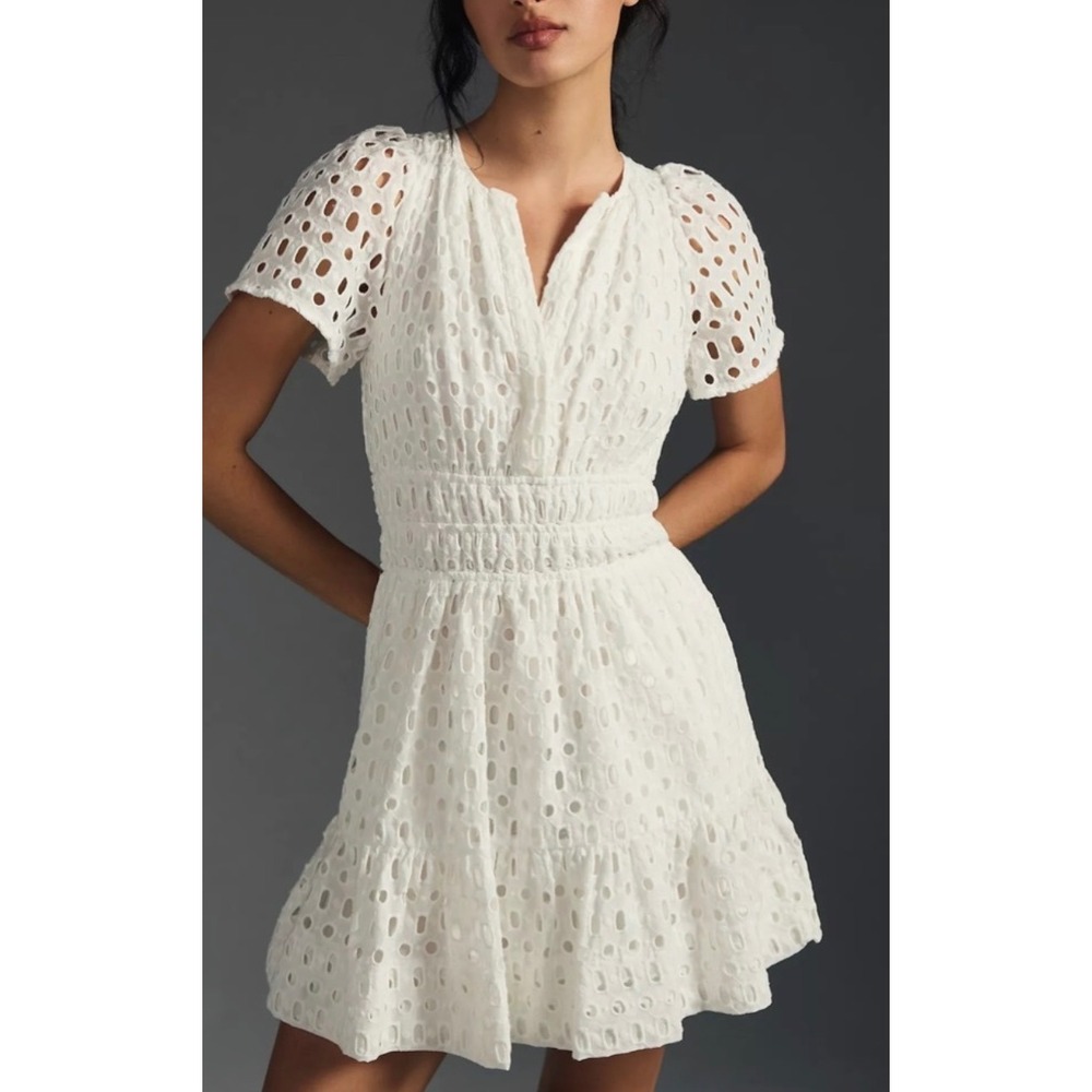 Anthropologie The Somerset Mini Dress White Eyelet Edition XS Cotton Boho EUC